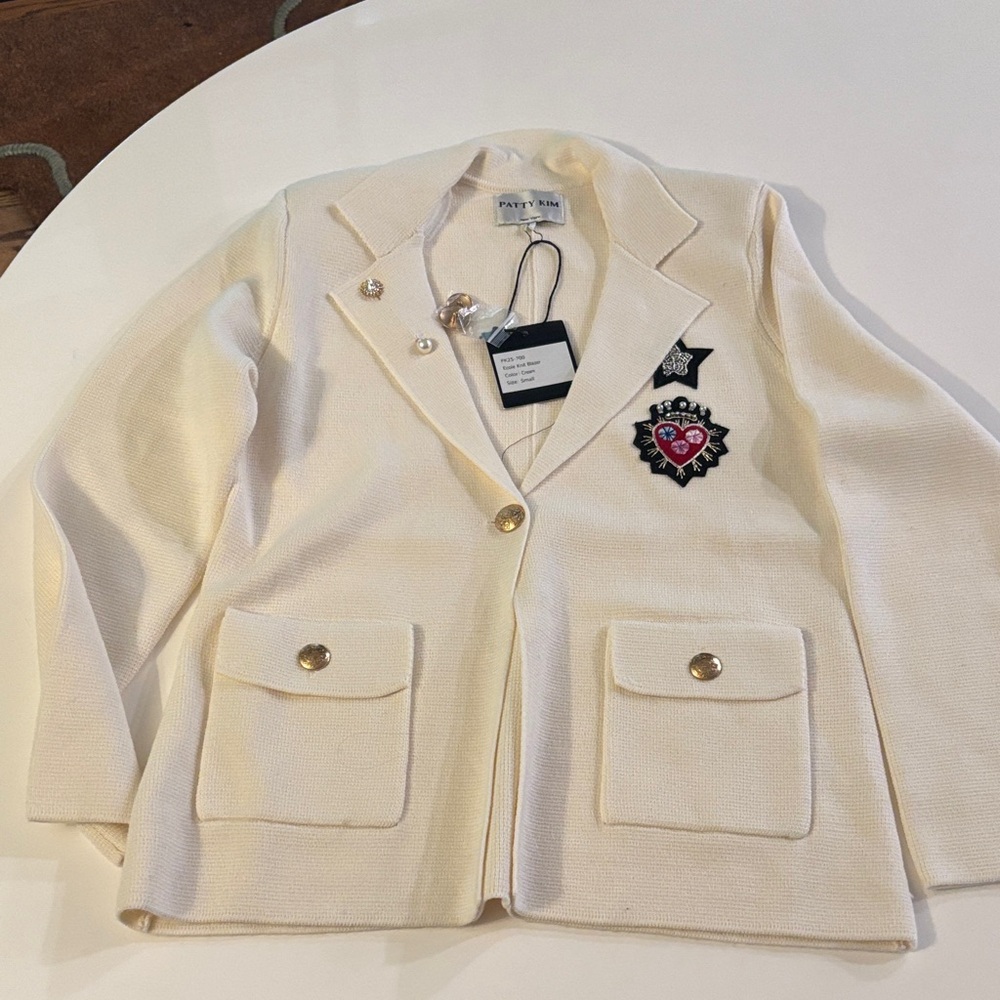 Patty Kim Cream Blazer with Embroidered Patches